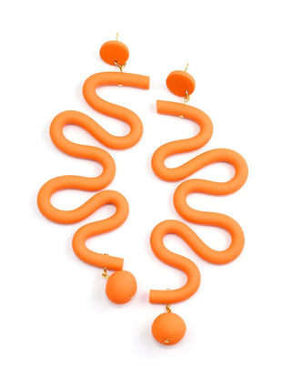 Tube Squiggles Dangly Statement Earrings, Orange