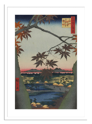 Maple Trees at Mama, Tekona Shrine and Linked Bridge, No. 94 Print by Utagawa Hiroshige