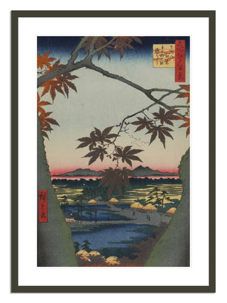 Maple Trees at Mama, Tekona Shrine and Linked Bridge, No. 94 Print by Utagawa Hiroshige