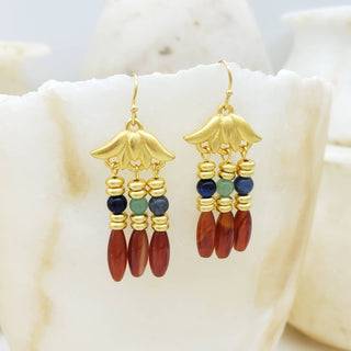 Lotus Triple Drop Gemstone Earrings - Egyptian Inspired
