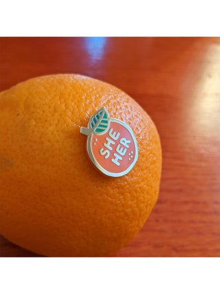 Pronoun Orange Pin, She/Her