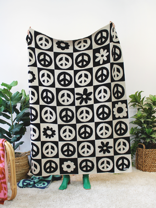 Peace Please Knit Blanket, Black Ivory